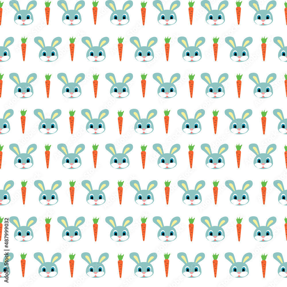 Vector seamless pattern with blue bunnies and orange carrots on a transparent background. Print for kids textiles and decor.
