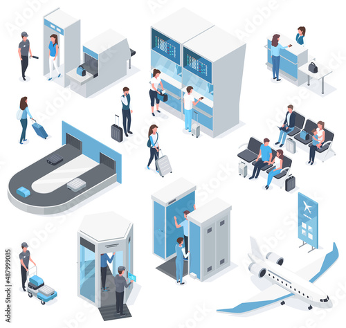 Isometric 3d airport passengers, passport check and boarding gate. Airport lounge, passport check desk and waiting room vector illustration set. People in airport