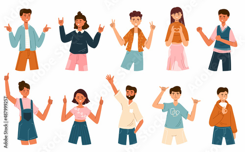 Excited young people showing positive emotional gestures. Ok, peace, victory fingers and hand heart gestures vector illustration set. Happy people with gestures