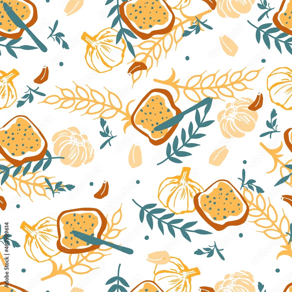 Delicious Organic Homemade Garlic Bread Vector Graphic Art Seamless Patter Delicious Organic Homemade Garlic Bread Vector Graphic Art Seamless Patter