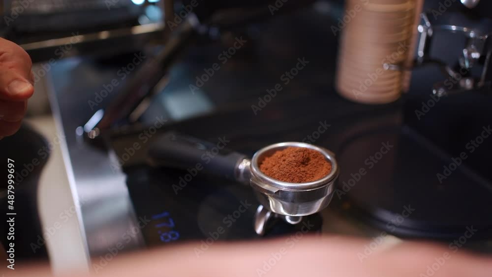 barista weigh on scale holder robusta or arabica black coffee, making espresso barista weigh on scale holder robusta or arabica black coffee, making espresso