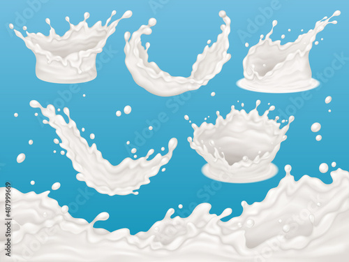 Realistic milk splatter, yogurt or cream splash elements. Splashes of dairy products vector illustration set. Milk splashes in various shapes