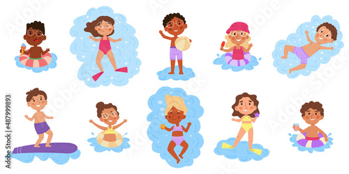 Kids swimming in pool or sea, summer children pool games. Multiethnic kids having fun in water vector illustration set. Children swimming and bathe