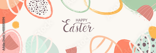 Happy Easter banner. Trendy Easter design with typography, hand drawn strokes and eggs, bunny ears, in pastel colors. Modern minimalist style. Vector