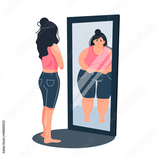 A thin girl looks at herself in the mirror and sees herself fat. The concept of anorexia and bulimia. Eating disorder, weight loss, guilt. A female character with a mental disorder. Vector