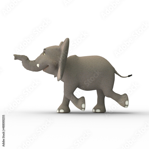 3D-illustration of a cute and funny adult cartoon elephant marching alone