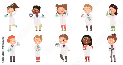 Science children, kids doing laboratory chemical experiment. Kids in protective glasses doing lab experiment vector illustration set. Girls and boys in laboratory robes