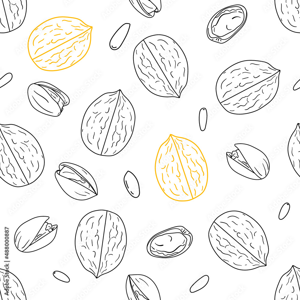 Seamless pattern with hand drawn nuts