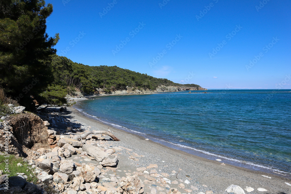coast of the azure mediterranean sea in Phaselis, Turkey