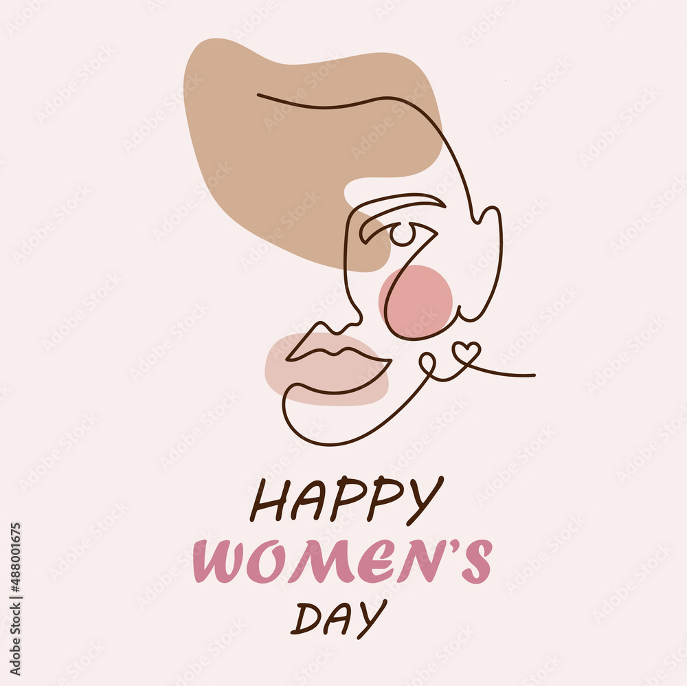 Postcard. Happy Women's Day. Portrait. Beautiful Girl. Line portrait. Postcard. Happy Women's Day. Portrait. Beautiful Girl. Line portrait.