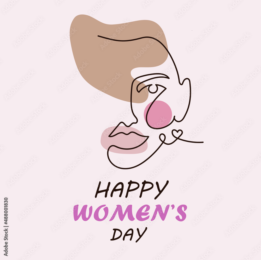 Postcard. Happy Women's Day. Portrait. Beautiful Girl. Line portrait. Postcard. Happy Women's Day. Portrait. Beautiful Girl. Line portrait.