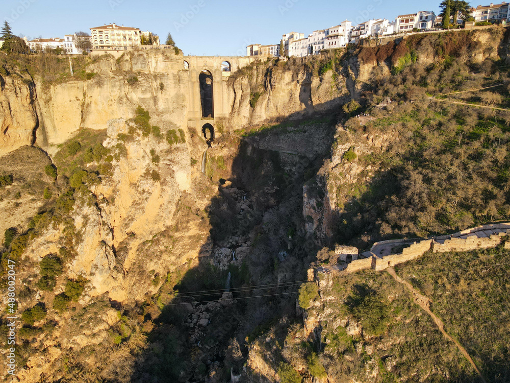 Drone view at the old bridge of Ronda on Andalusia, Spain