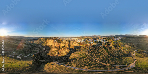 Drone view at the old bridge of Ronda on Andalusia, Spain
