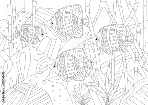 underwater landscape with school of fish for your coloring book