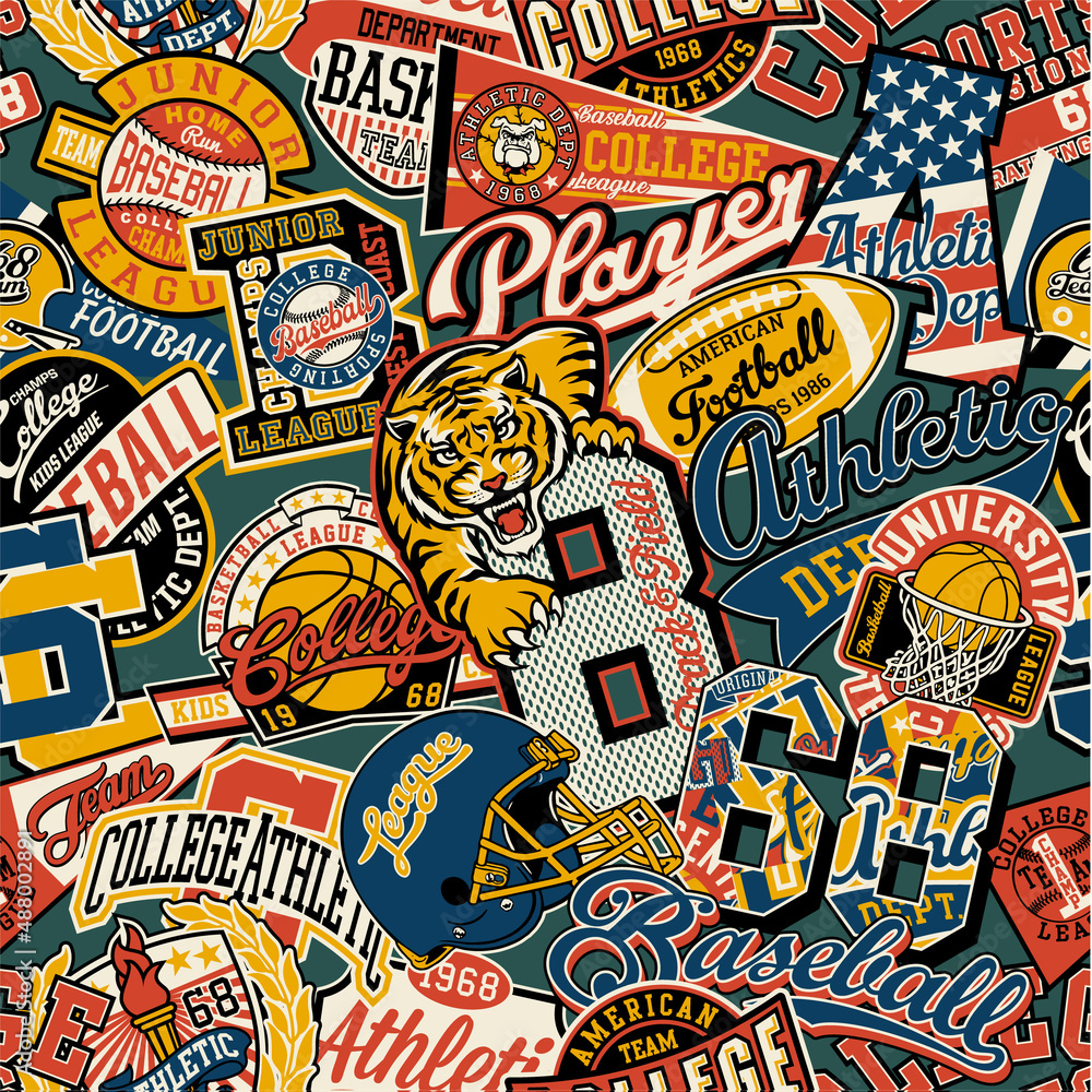 College athletic department sticker patchwork vintage vector seamless pattern sport patches collection