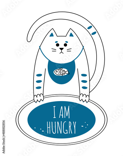 A white cat with an empty plate asks for food in a bib. Funny illustration.