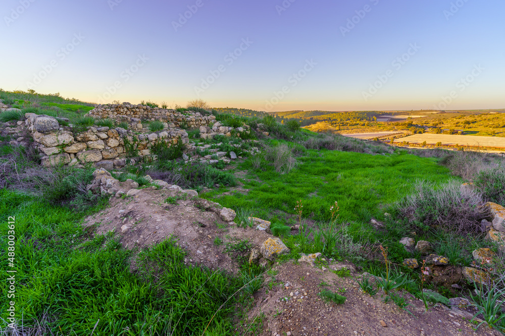 Sunset view of ancient ruins and countryside in Tel Lachish