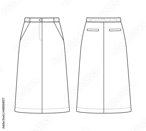 Fashion technical drawing of A-line elasticated waist skirt 