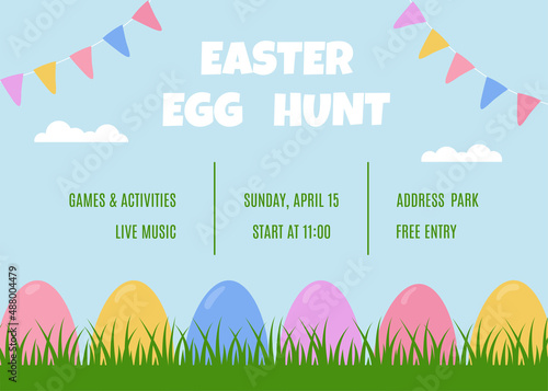 Easter egg hunt banner. Colorful easter eggs on the grass and flags