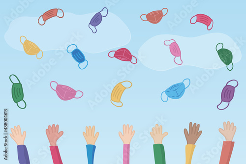 Hands flip face masks up. End of restrictions due to the Covid-19 pandemic. Multicolored cloth masks and FFP2 or KN95 respirators are flying against a sky with clouds. Freedom day. Flat style.