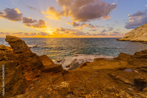 Sunset view of rock formations, and cliffs of Rosh HaNikra