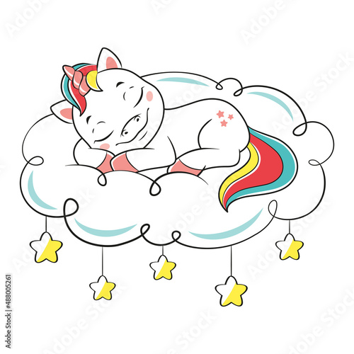 Unicorn sleeping on cloud. Cartoon vector illustration
