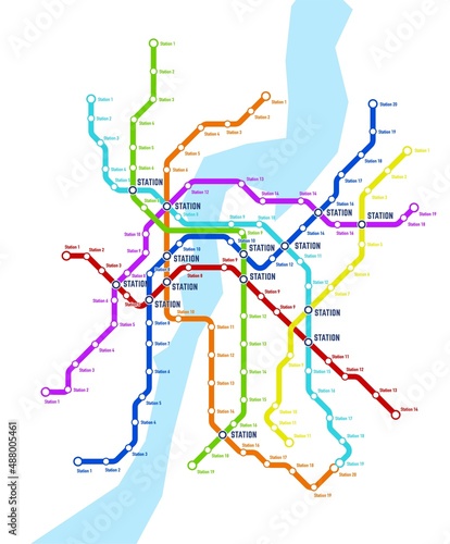 Metro, subway, underground transport system vector map. Railway transport line plan with metro stations