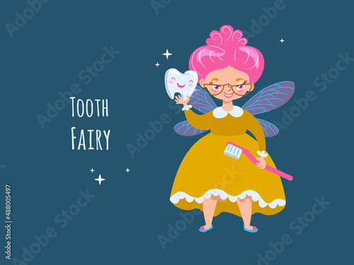 Cute tooth fairy with baby tooth and toothbrush, fairy with glasses with pink hair, yellow dress cartoon character with wings vector illustration