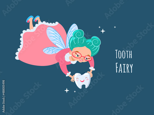 Cute tooth fairy with baby tooth, fairy in glasses with green hair, cartoon character in pink dress with wings vector illustration