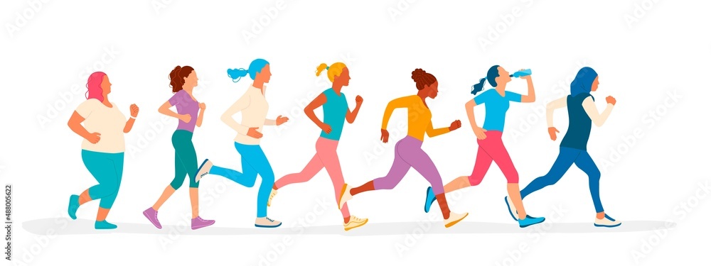 Women different ethnicity are running. Women different ethnicity are running.
