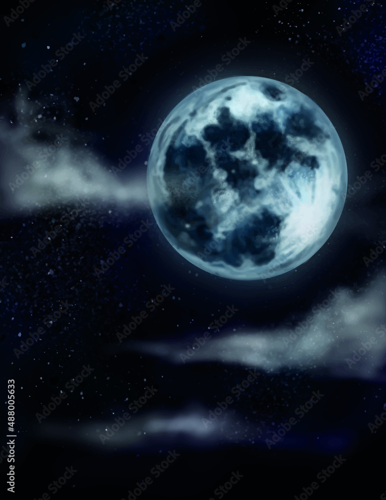 Dark illustration with the image of the moon, clouds.Vector for printable covers.