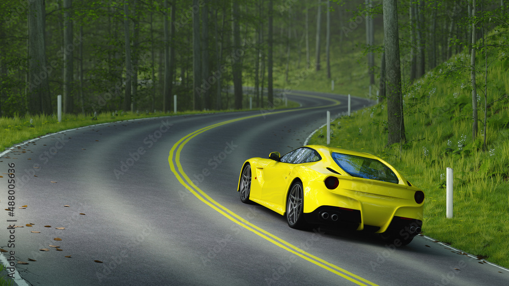Yellow sports car driving around a bend with empty forest road ahead. 3D rendering.
