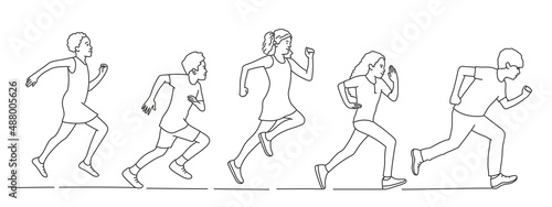 Group running teenagers.