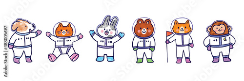 Watercolor cartoon cute spaceman animals vector.