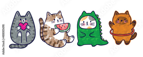 Watercolor cartoon cute funny cat vector.