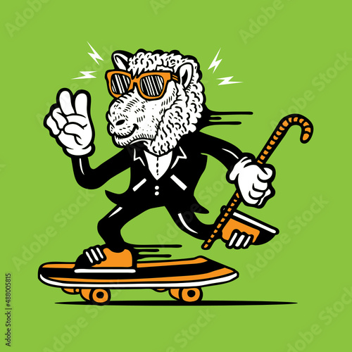 Skateboarding Funky Lamb in Tuxedo Mascot Character Design