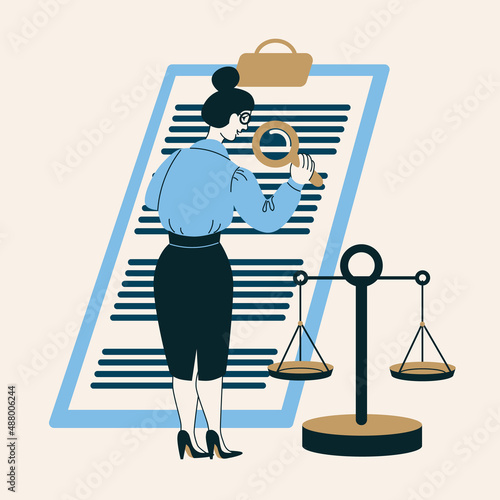 Lawyer with a magnifying glass reads a document