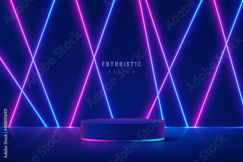 Realistic blue cylinder pedestal podium with illuminate glowing light line neon lamp in futuristic style. Minimal scene for products showcase, Stage promotion display. Vector abstract room platform.