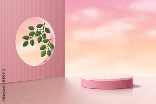 Realistic pink 3D cylinder pedestal podium with cloud vanilla sky and green leaf in circle window. Abstract studio room geometric platform. Minimal scene for products stage showcase, Promotion display