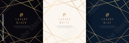 Fototapete Set of white, dark blue, black frame with geometric golden lines overlap design
