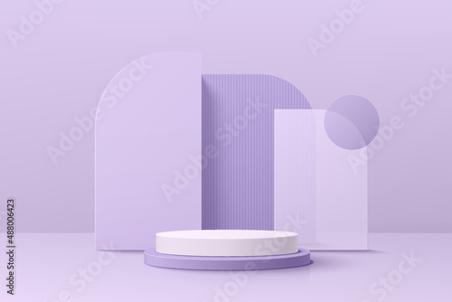 Realistic violet and white 3D cylinder pedestal podium set with geometric set background. Minimal scene for products stage showcase, promotion display. Vector geometric platform. Abstract room design.
