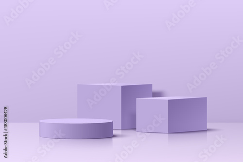Realistic violet 3D cube and cylinder pedestal podium set in pastel abstract room. Minimal scene for products stage showcase, promotion display. Vector geometric platform design. Vector illustration