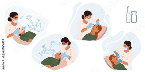 Cosmetologist or dermatologist makes cosmetic procedures, mask, filling of brow and nasolabial folds, lip augmentation. Filler in cosmetology. Gel with hyaluronic acid. Set. Vector illustration