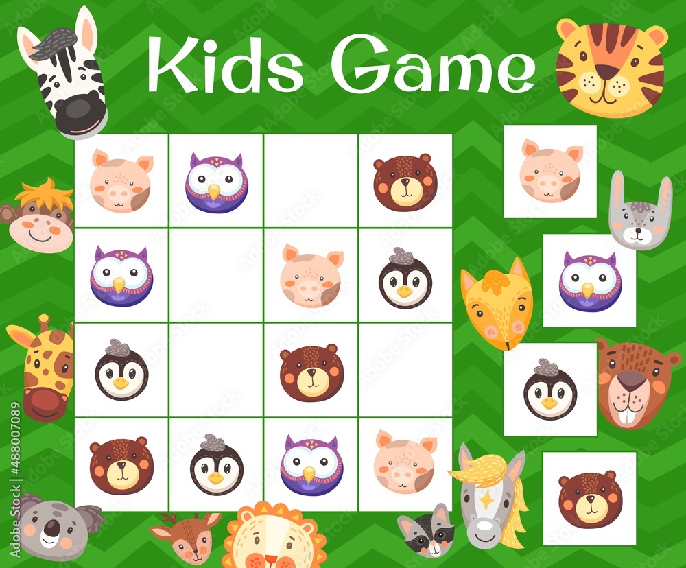 Fototapeta premium Cartoon funny animals, kids sudoku game or tabletop puzzle, vector. Sudoku board game or child logic riddle with funny zoo animals and pets, zebra and lion, owls and bear, horse and raccoon