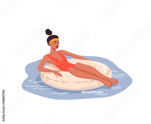 Woman relaxing on float swim ring. Flat style woman on vacation swimming in pool, resting or dreaming on water waves on inflatable ring or mattress. Summer travel and leisure on water, beach activity