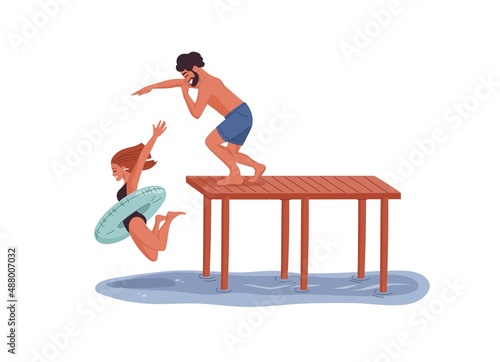 Young guy and girl jumping from the pier. People on vacation, summer travel activities and fun. Joyful and happy man and woman with float ring jumps in water, swimming in sea isolated vector scene