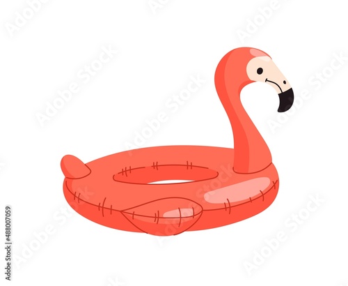 Inflatable flamingo float swim ring. Flat style tropical bird balloon or swimming ring toy for pool party. Vacation travel and beach leisure, resort fun and summer holidays isolated vector symbol