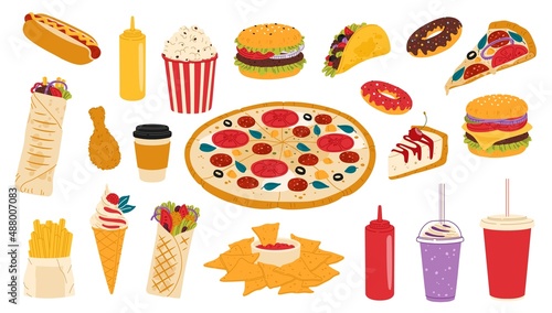 Takeaway fast food. Flat style hot dog, popcorn and hamburger, mexican taco, burrito and nachos, pizza, cake and donuts, coffee, soda. Isolated vector street food restaurant meals, drinks and desserts
