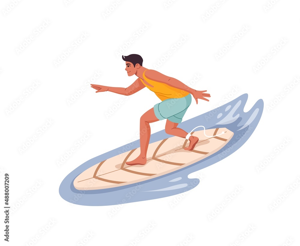 Young man riding wave on a surfboard. Surfer isolated character standing on board, teenager boy surfing in ocean. Summer vacation tropical beach activity or watersports vector personage