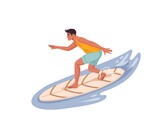 Young man riding wave on a surfboard. Surfer isolated character standing on board, teenager boy surfing in ocean. Summer vacation tropical beach activity or watersports vector personage